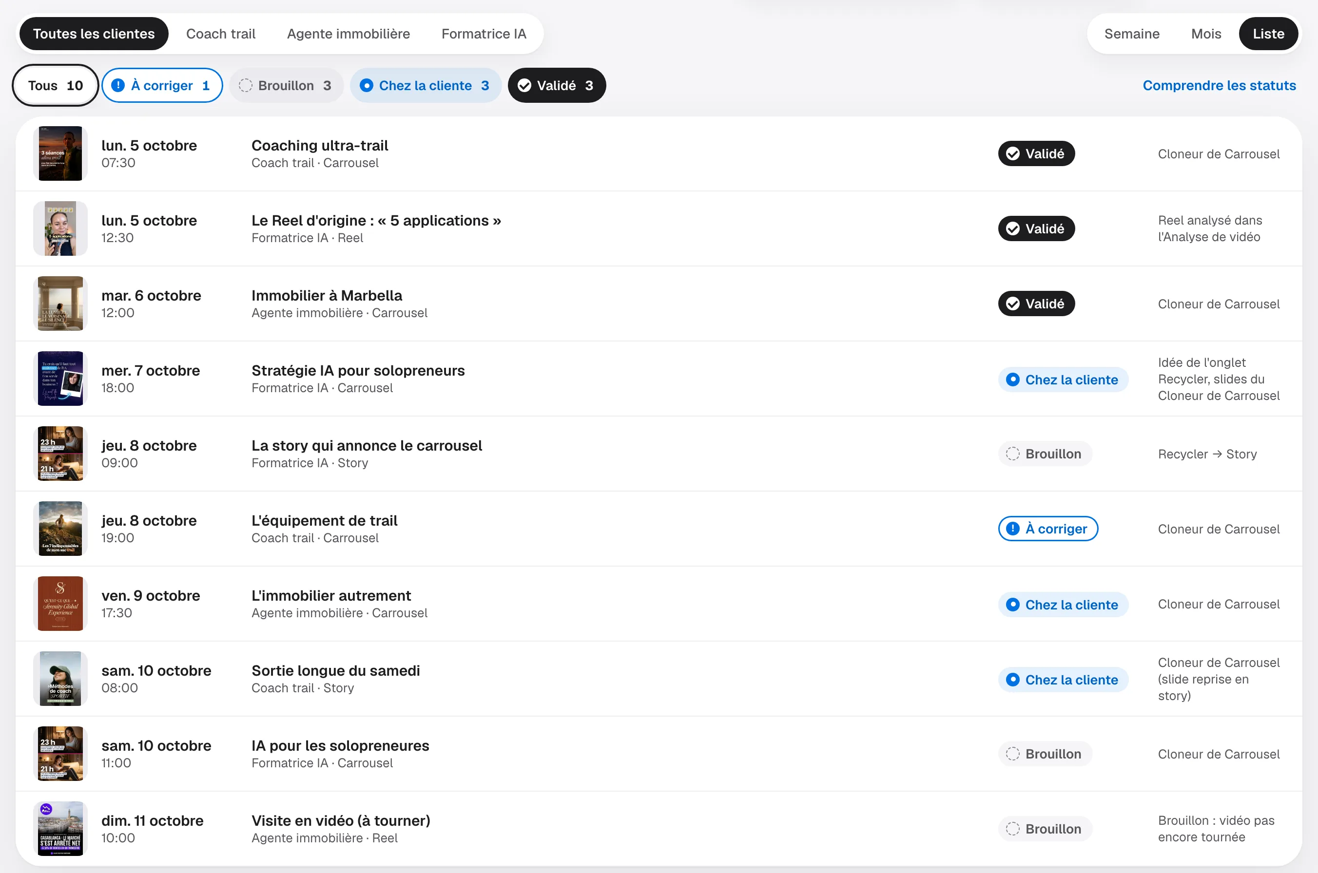Vue Liste du Calendrier : dix posts dans l'ordre, avec date, titre, cliente, format, statut et provenance