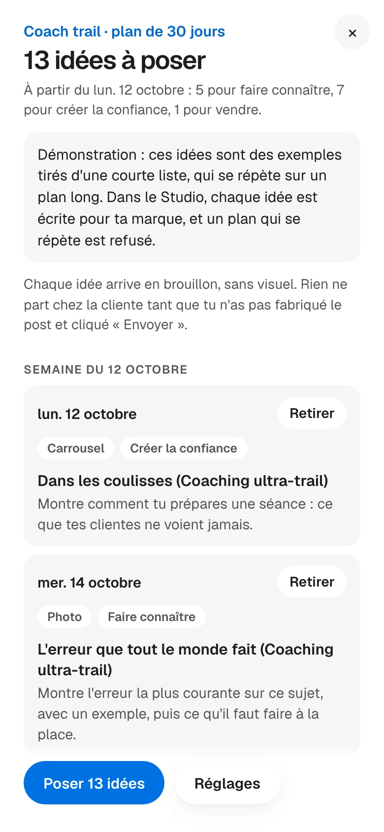 L'aperçu d'un plan de 30 jours pour Coach trail : 13 idées, avec leur jour, leur format et leur but