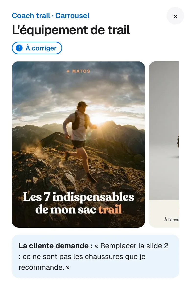 Panneau d'un carrousel au statut À corriger, avec la demande de la cliente écrite en haut