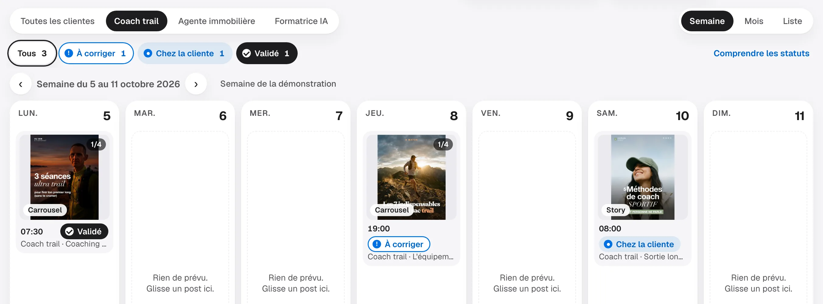 La semaine filtrée sur une seule cliente, Coach trail : trois posts avec leur statut