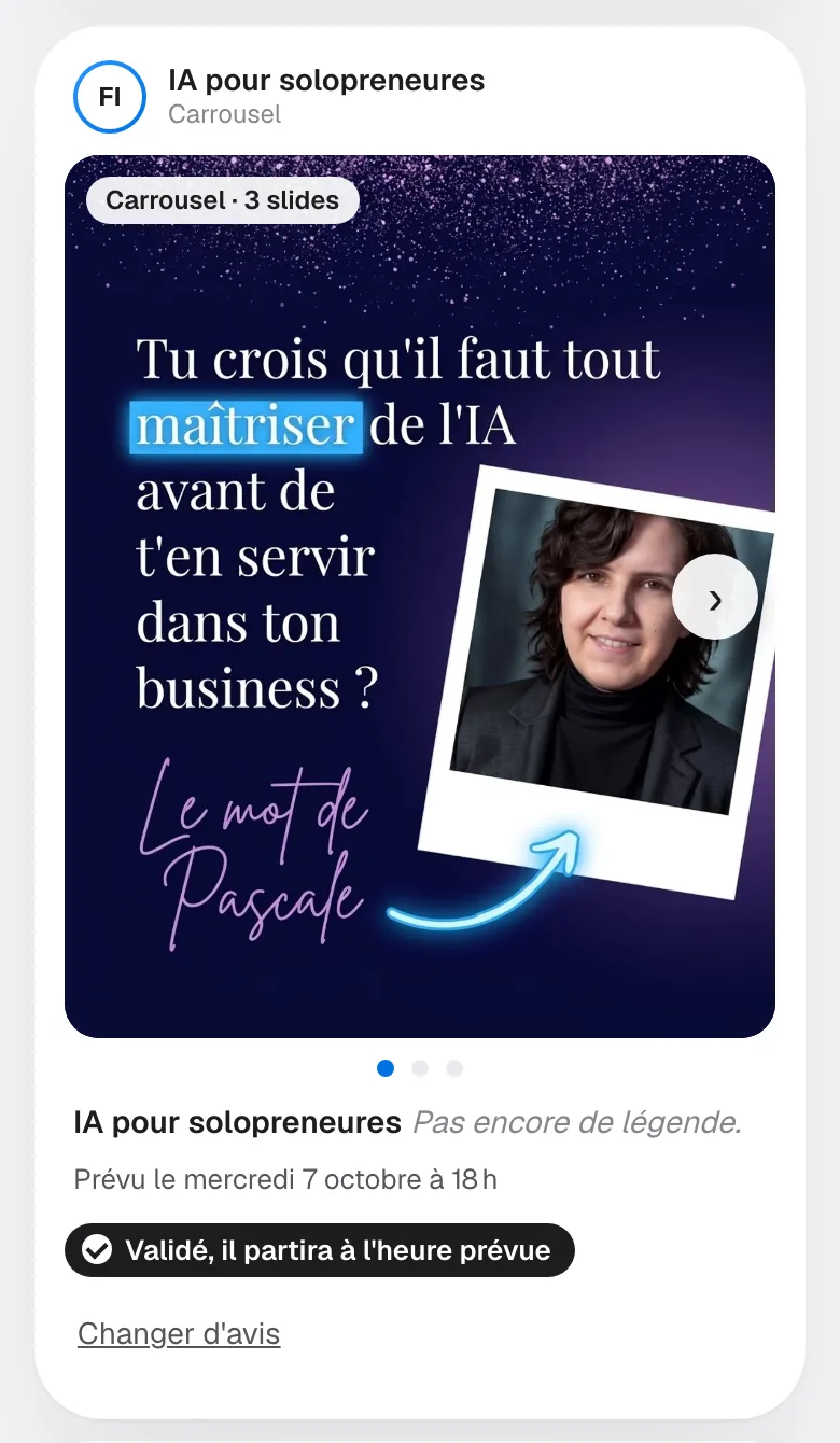 Le même carrousel après Je valide : Validé, il partira à l'heure prévue, avec Changer d'avis