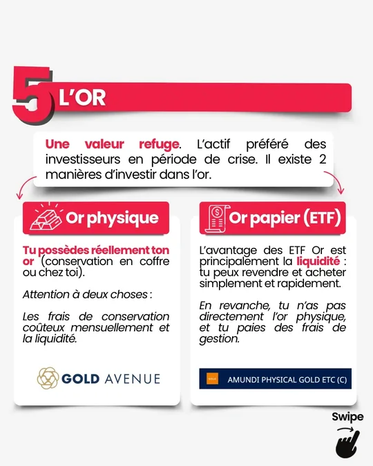 L'original&nbsp;: une fiche numérotée 5, «&nbsp;L'or&nbsp;», deux colonnes&nbsp;: or physique et or papier
