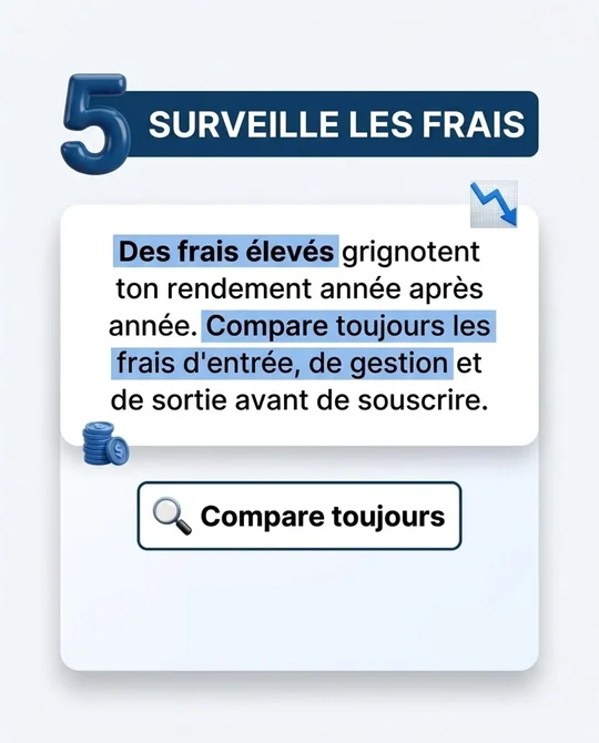 Sa version&nbsp;: une fiche numérotée 5, «&nbsp;Surveille les frais&nbsp;», un texte surligné en bleu et un encadré «&nbsp;Compare toujours&nbsp;»