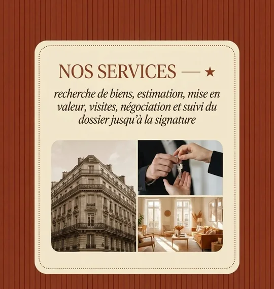 Sa version&nbsp;: une carte crème encadrée sur fond brique, «&nbsp;Nos services&nbsp;», au-dessus de trois photos&nbsp;: un immeuble, une remise de clés, un salon