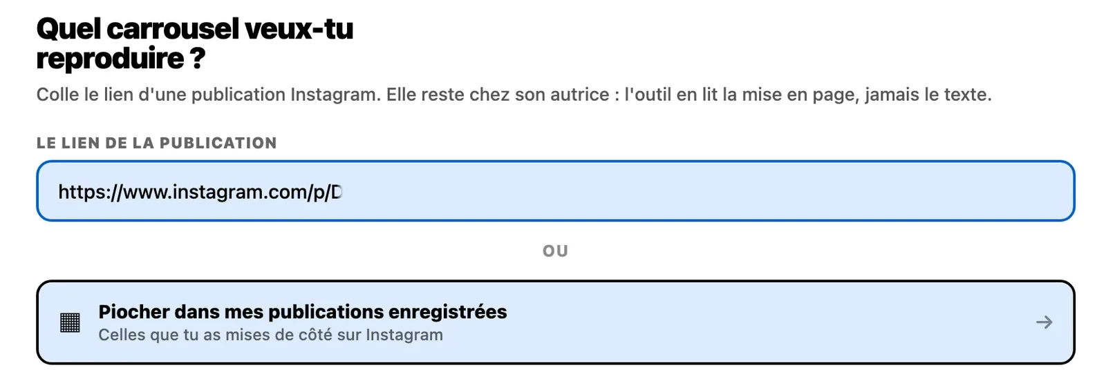 L'écran du Studio&nbsp;: «&nbsp;Quel carrousel veux-tu reproduire&nbsp;?&nbsp;», le champ où tu colles le lien de la publication, et le bouton pour piocher dans tes publications enregistrées