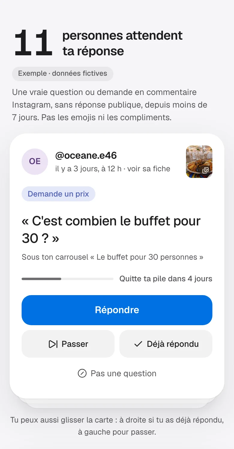 Écran Qui attend d'une traiteuse, données d'exemple : 11 personnes attendent ; en haut, « C'est combien le buffet pour 30 ? », avec l'étiquette Demande un prix