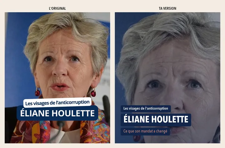 L'original admiré à gauche, sa reproduction à droite, sur le sujet « Anti-corruption »