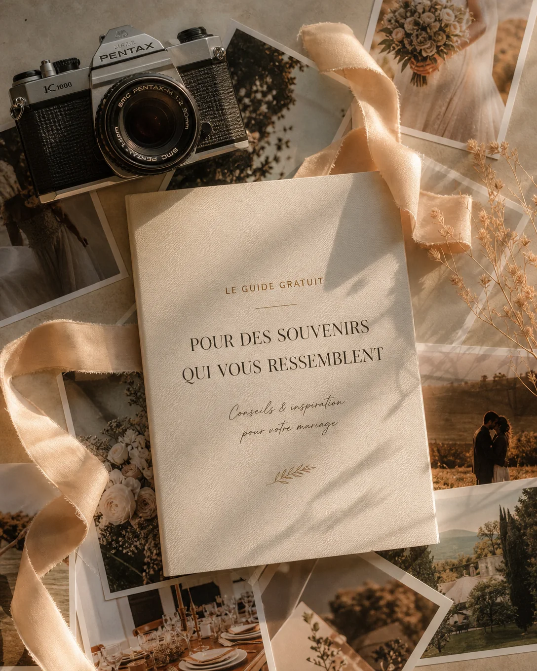 Vue de dessus : un appareil photo argentique, des tirages de mariage éparpillés, un ruban de soie et un carnet titré « Le guide gratuit », dans une lumière chaude