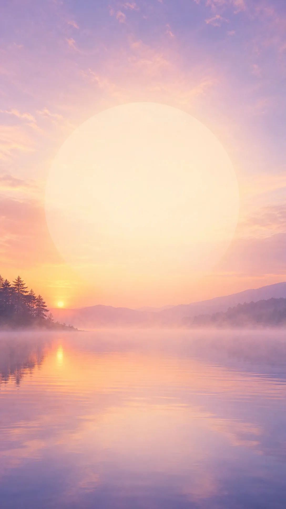 Story : un lac dans la brume au lever du jour, couleurs pêche et lavande, un grand cercle de lumière douce au centre