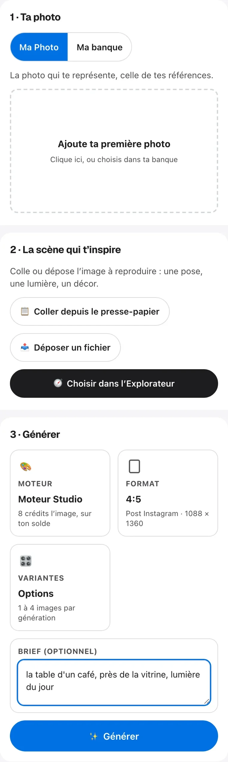 L'écran Shooting du Studio sur un téléphone, les trois cartes l'une sous l'autre&nbsp;: Ta photo, La scène qui t'inspire, Générer