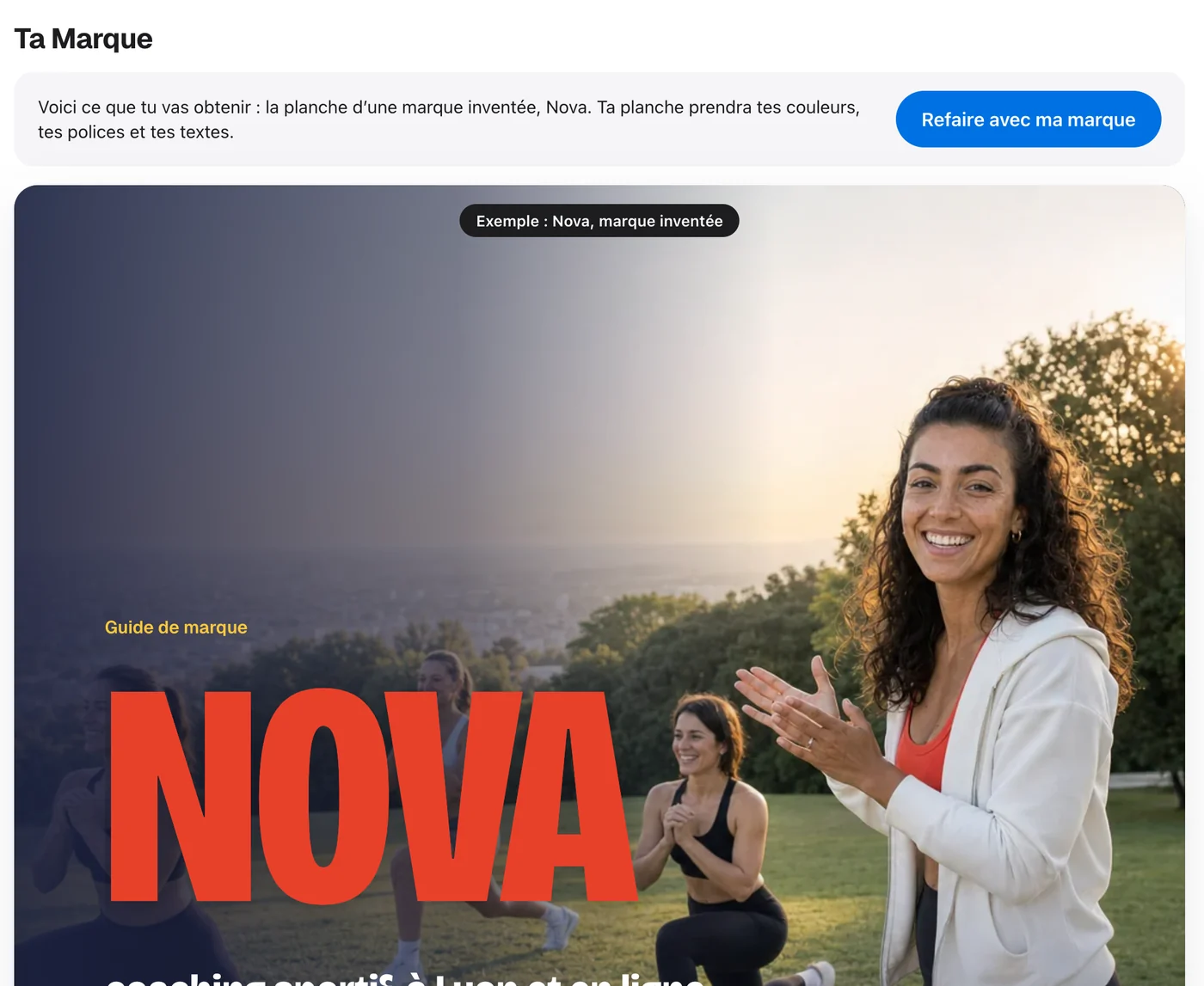 L'écran Ta Marque du Studio à la première visite : « Voici ce que tu vas obtenir : la planche d'une marque inventée, Nova », le bouton « Refaire avec ma marque », puis la couverture de la planche de Nova