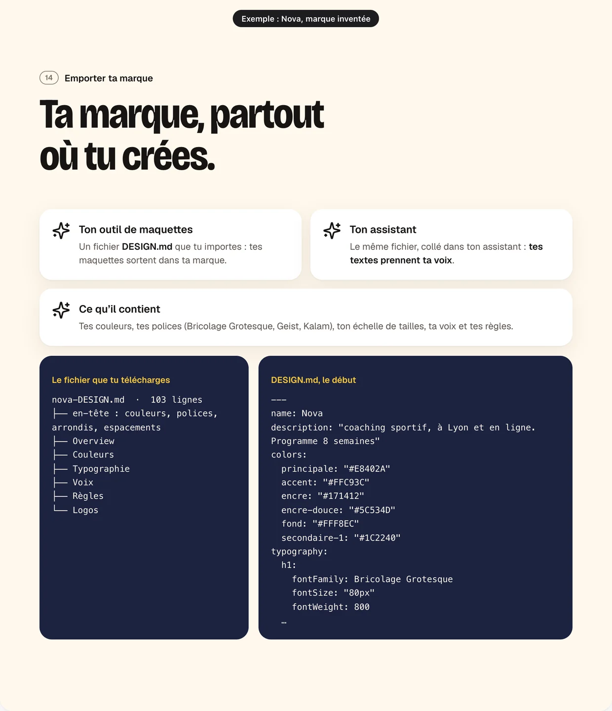 La partie Emporter ta marque : le sommaire du fichier nova-DESIGN.md et son début, couleurs et polices