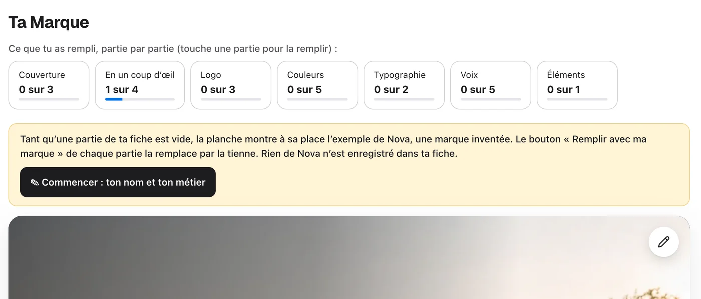 La jauge de Ta Marque : Couverture 0 sur 3, En un coup d'œil 1 sur 4, Logo 0 sur 3, Couleurs 0 sur 5, Typographie 0 sur 2, Voix 0 sur 5, Éléments 0 sur 1, puis le bouton « Commencer : ton nom et ton métier »