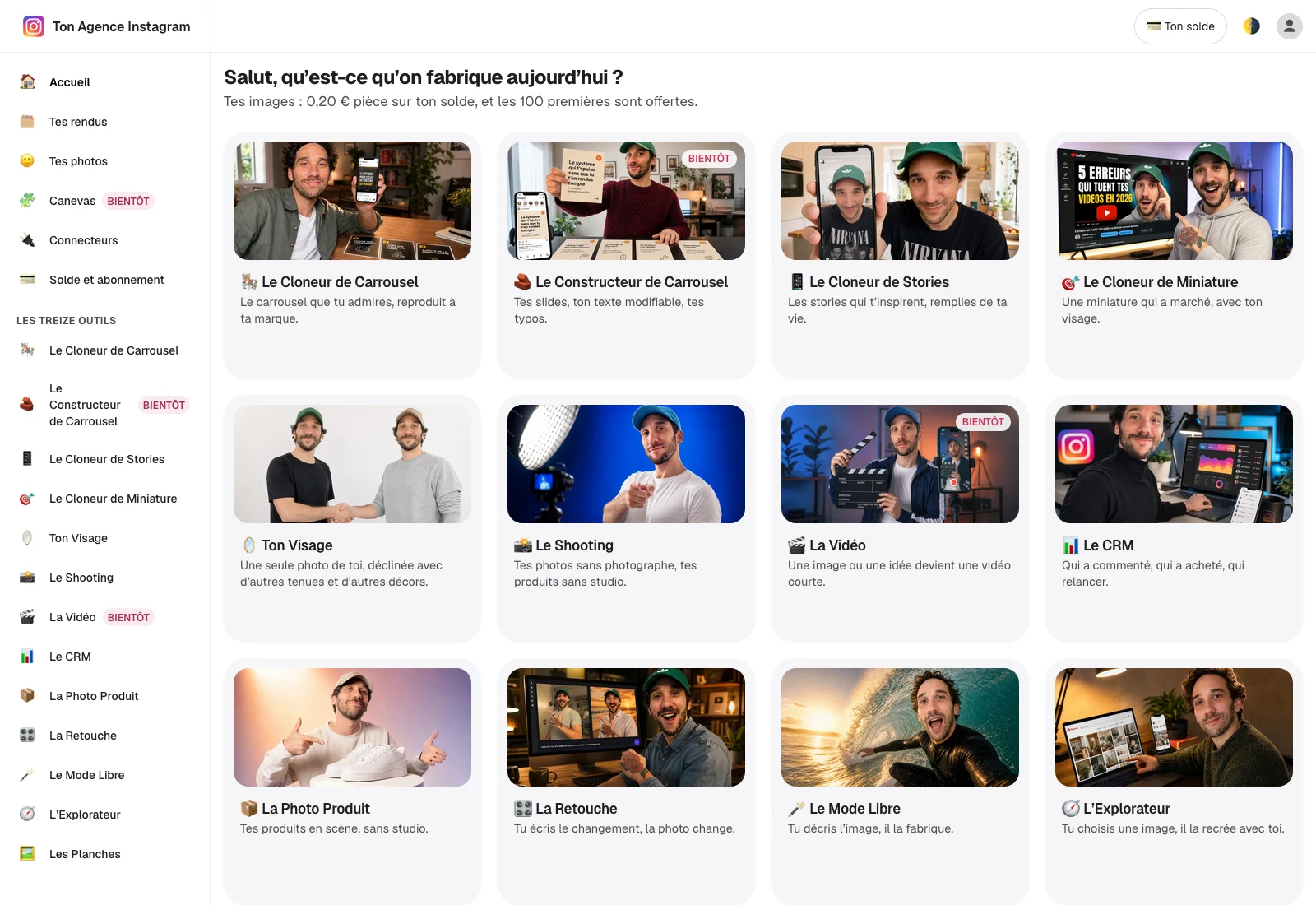 Écran d'accueil du Studio : la colonne des outils et leurs cartes