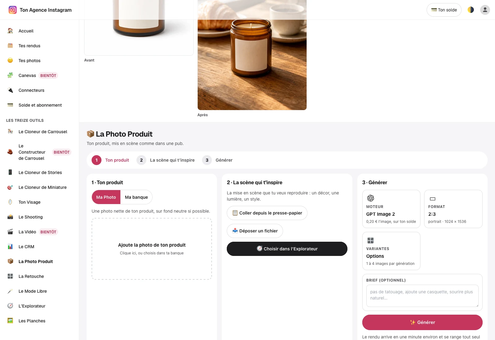 La Photo Produit : ton produit, la scène qui t'inspire, générer