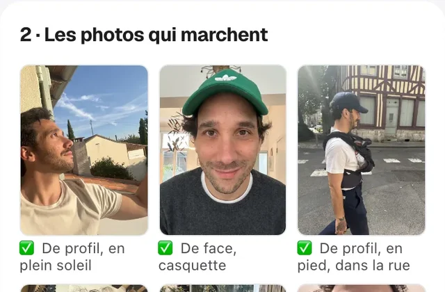La carte « 2 · Les photos qui marchent » : des exemples de profil, de face et en pied, cochés en vert