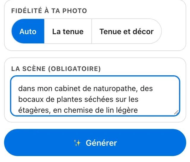 La carte « 3 · Générer » : la fidélité à ta photo (Auto, La tenue, Tenue et décor), la scène écrite et le bouton Générer